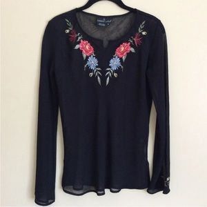 Carole Little Women's Sheer Black Floral Embroidered Long Sleeve Top Size 6